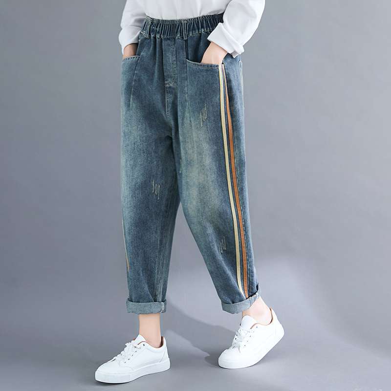 Светло-голубые мешковатые джинсы-шаровары Mom Elastic Capri Denim Брюки Модные панталоны