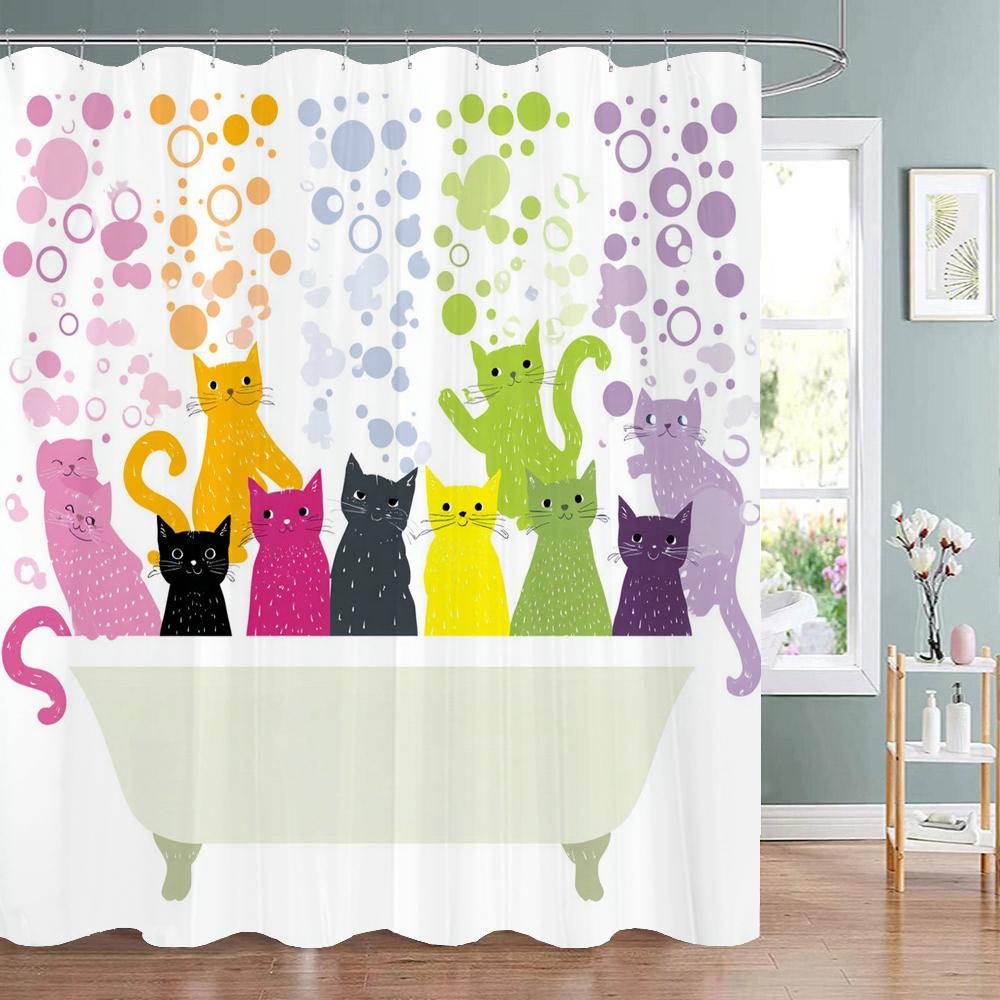 Cute Bathing Cats Art Cartoon Shower Curtain, Bathroom Decorative Shower Curtain, Waterproof Shower Curtain With Hooks