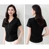 Women T-shirt V-Neck Buttons Decor Short Sleeve T-Shirt Slim Fit Soft Elastic Pullover Tops Commuting Style Tops