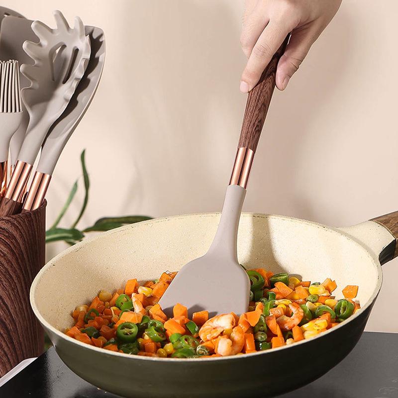 Набор из 11 предметов кухонной утвари из силикона с текстурой под дерево - антипригарные и термостойкие кухонные принадлежности