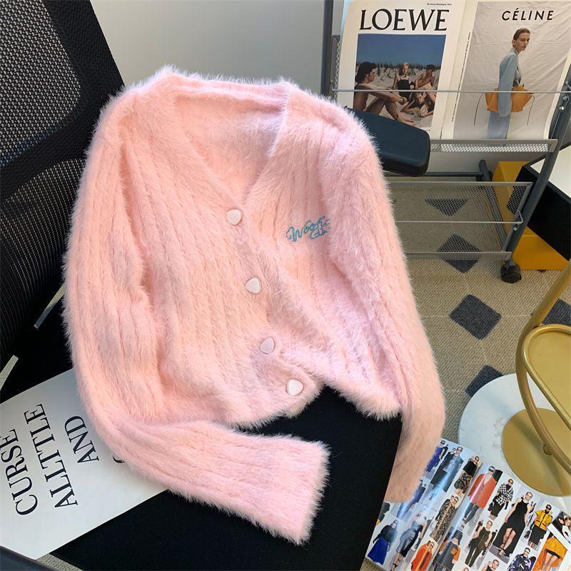 Женский осенний вязаный кардиган розового цвета с V-образным вырезом - имитация норки, милая вышивка, омолаживающий, мягкий короткий топ