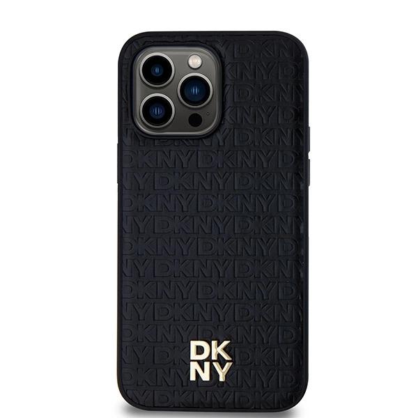 Dkny Leather Monogram Pattern Metal Logo Magsafe Case For Iphone 14 Pro Max - Black