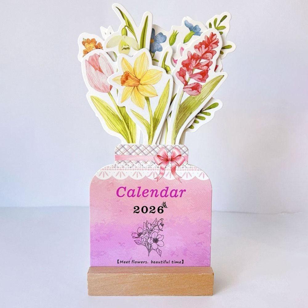 Detachable Base Bloomy Flowers Desk Calendar Wooden Base Monthly Planner for Table Desk Decor