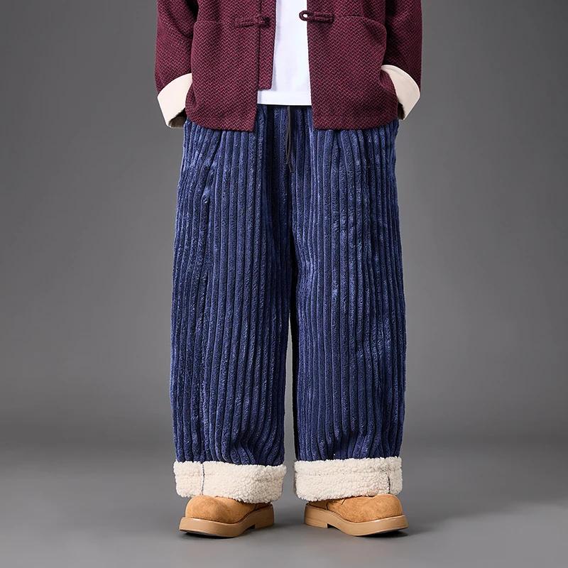 Men Corduroy Casual Fleece Pants Winter Men Cotton-Padded Trousers Man Thick Warm Wide Leg Straight Pants Male Leisure Pants