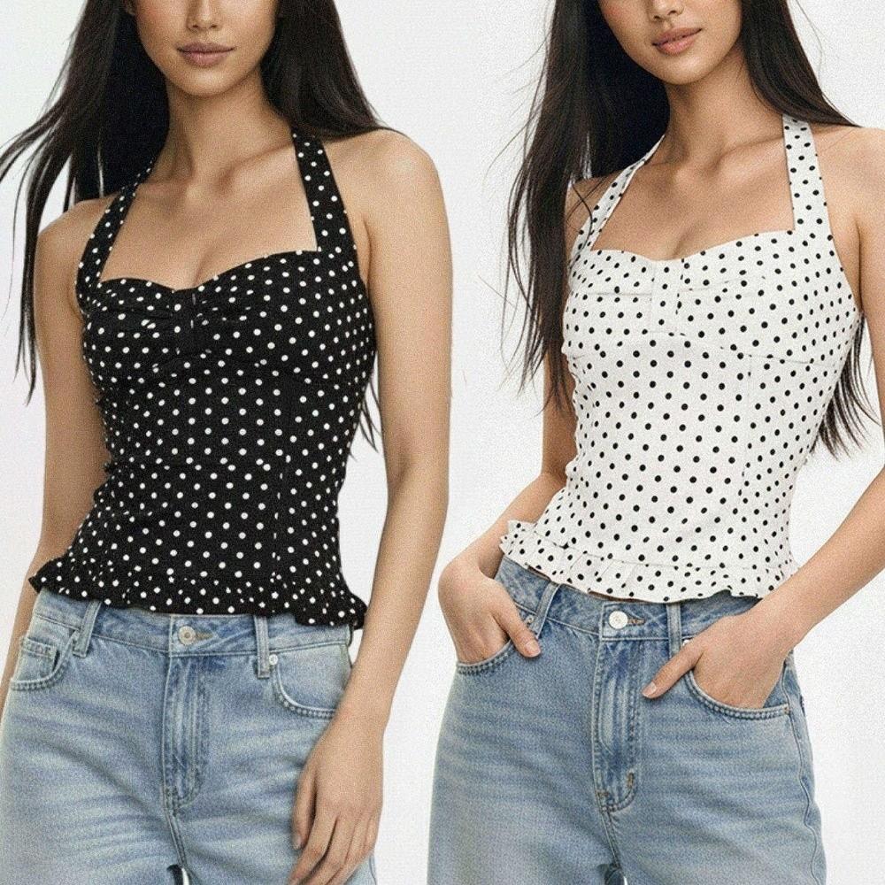 Slim Fit Y2k Dot Crop Top Sleeveless Women Camisole Fashion Halter Ruffle Vest Top Summer
