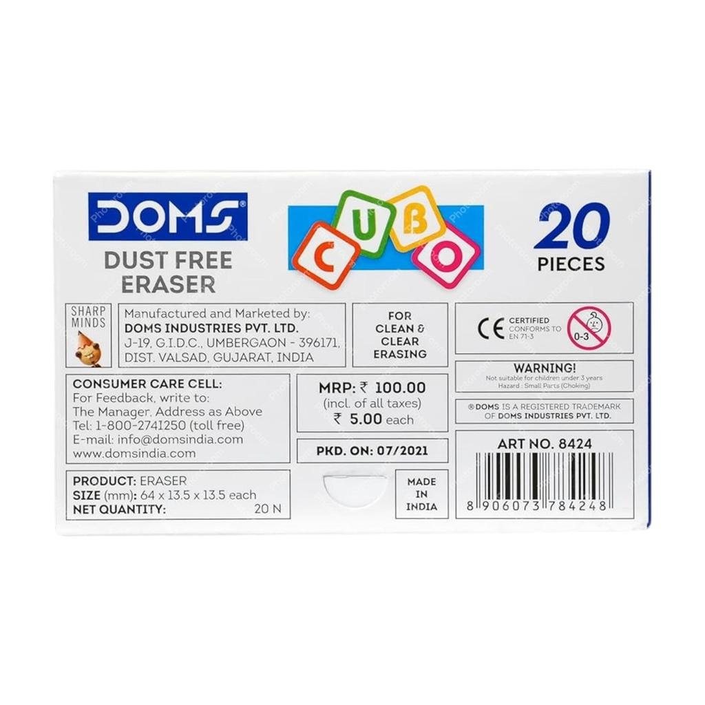 DOMS Dust Free Cubo Eraser Box Pack Multicolor Non Toxic School Erasers Comfortable Grip Pack Of 20 Pcs For Kids