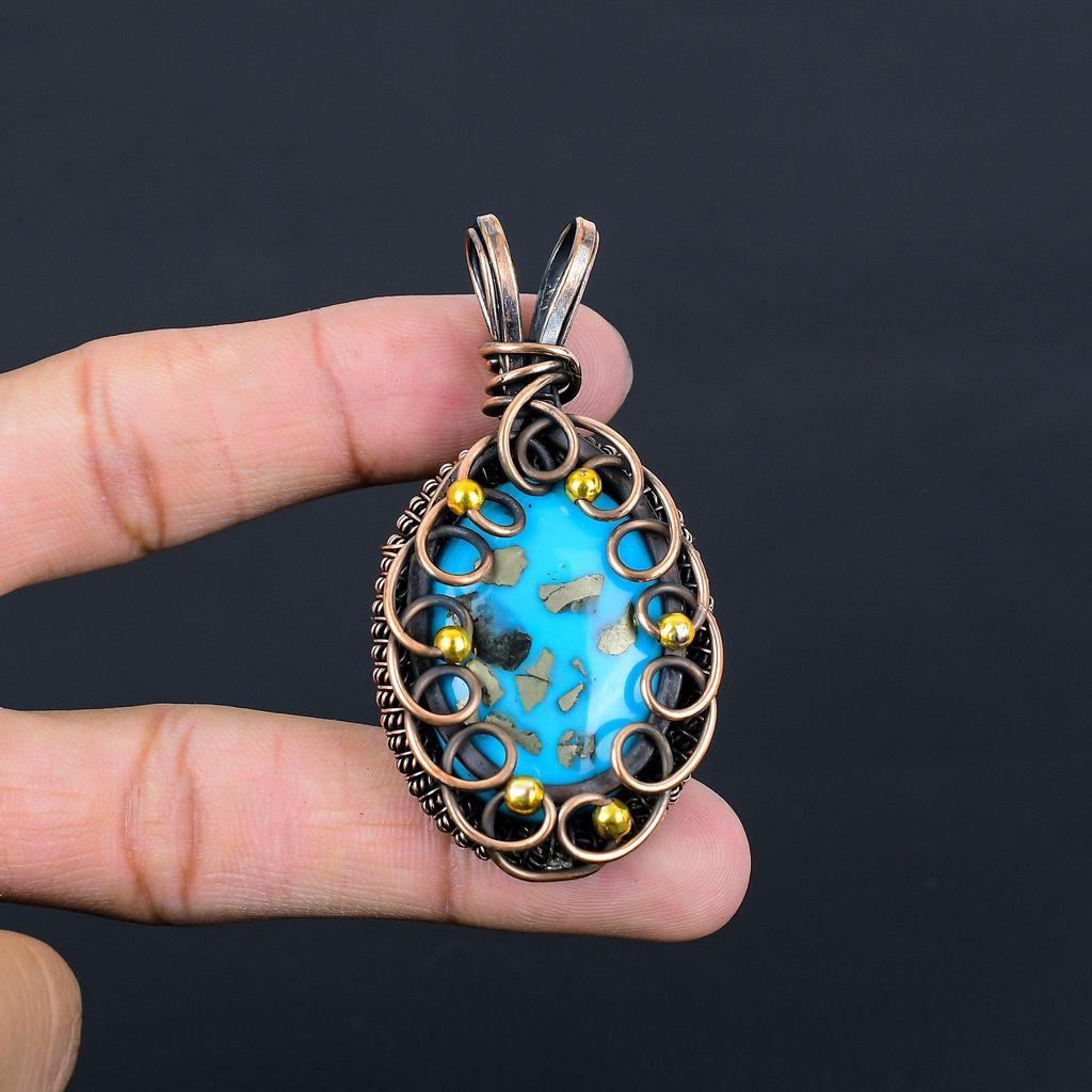 Иранский бирюзовый драгоценный камень из чистой медной проволоки, обернутый ювелирным кулоном ручной работы