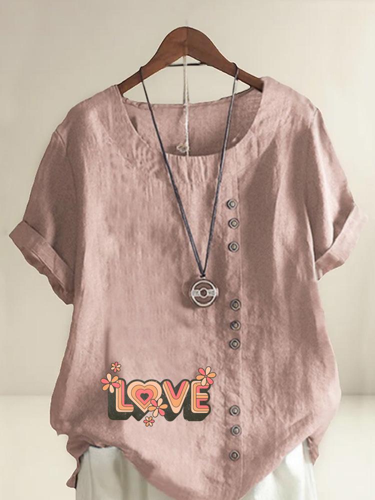 Women's Fashion Love Letters Print Casual Cotton Linen Short Sleeve Round Neck T-shirt Shirt Leisure Loose Summer Blouse Tops
