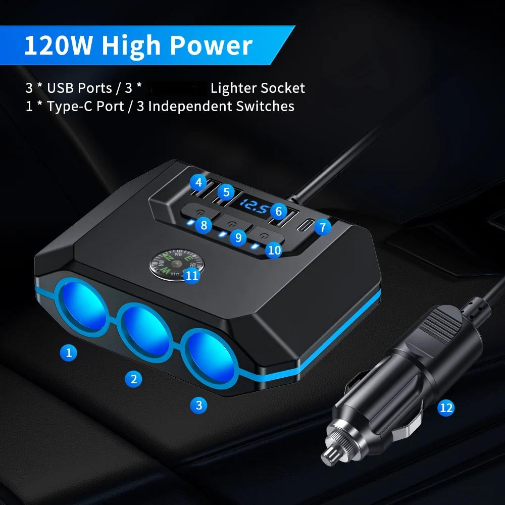 120 Вт 7 в 1 автомобильное зарядное устройство адаптер штекер PD 3 розетки зарядное устройство независимые переключатели 12/24 В розетка для IPhone GPS Dashcam