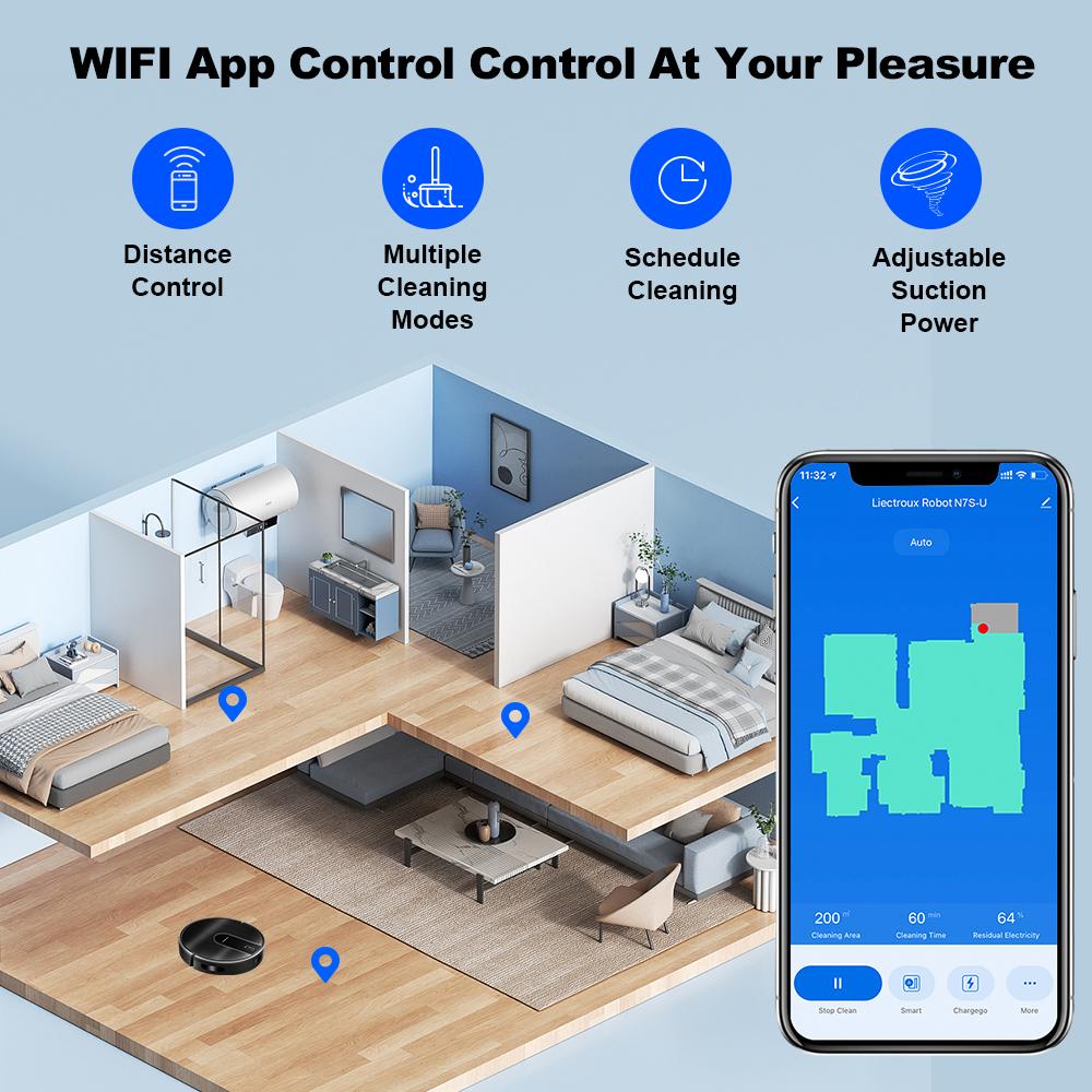 LIECTROUX Робот-пылесос N7S-U с управлением через приложение Mop, подметанием HomeCleaning, навигацией по карте, 4000 Па