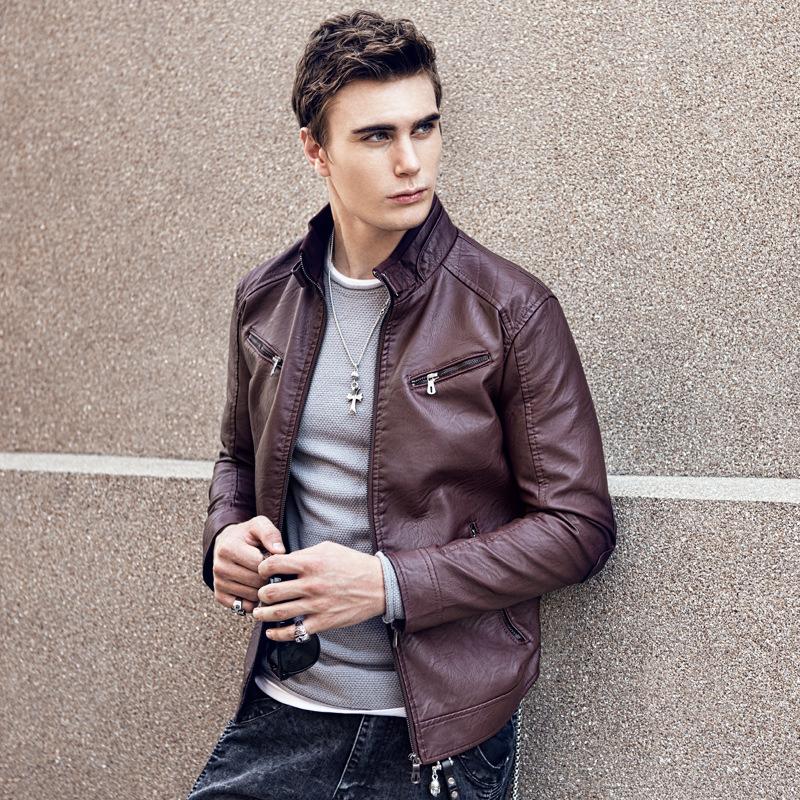 Men's PU Leather Jacket Casual Men's Stand Collar Slim Motorcycle Leather