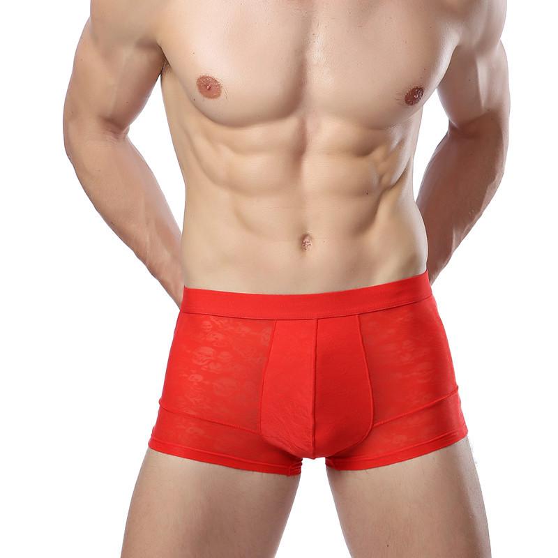 Mid-waist Solid Colour Youth Men's Ice Silk Breathable Hollow Ultra-thin Sexy Boxer Briefs