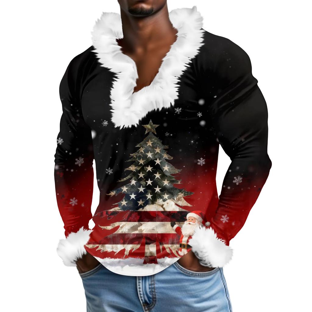 Мужской повседневный рождественский плюшевый свитшот с V-образным вырезом и длинными рукавами из флиса