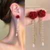 Sel Dangle Earrings Simple Red Rose Pearl Sweet Jewelry Shiny Rhinestone Bow Korean Style Earrings Female