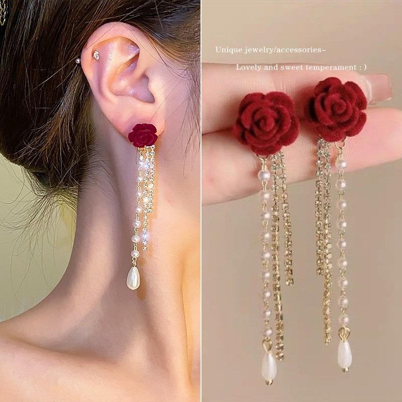Sel Dangle Earrings Simple Red Rose Pearl Sweet Jewelry Shiny Rhinestone Bow Korean Style Earrings Female