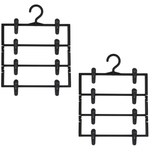 Sawafuji Clothes Hanger, 4 Tiers, Black, 300mm Wide, Set of 2, with Clips, Non-Slip, Non-Marking, Space-Saving, for Clothes Drying, Slacks, Jeans, Clo