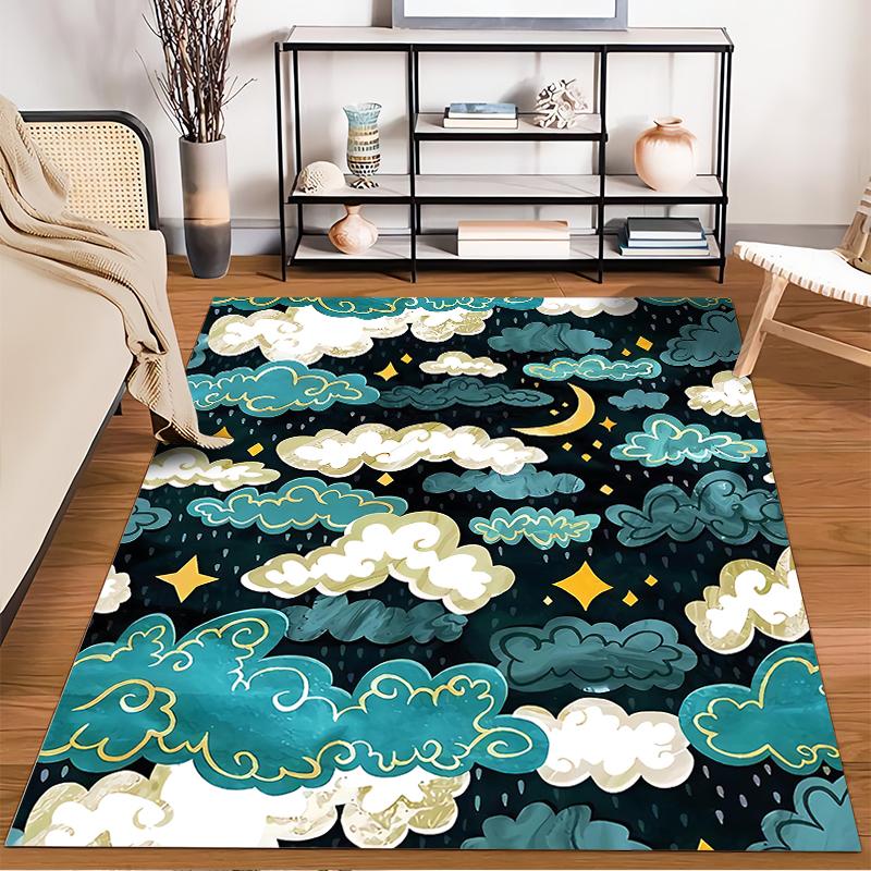 "Clouds and Stars Night Sky Rug - Dreamy Blue and Yellow Design" Suitable for use as an anti-slip for living room bedroom sofas