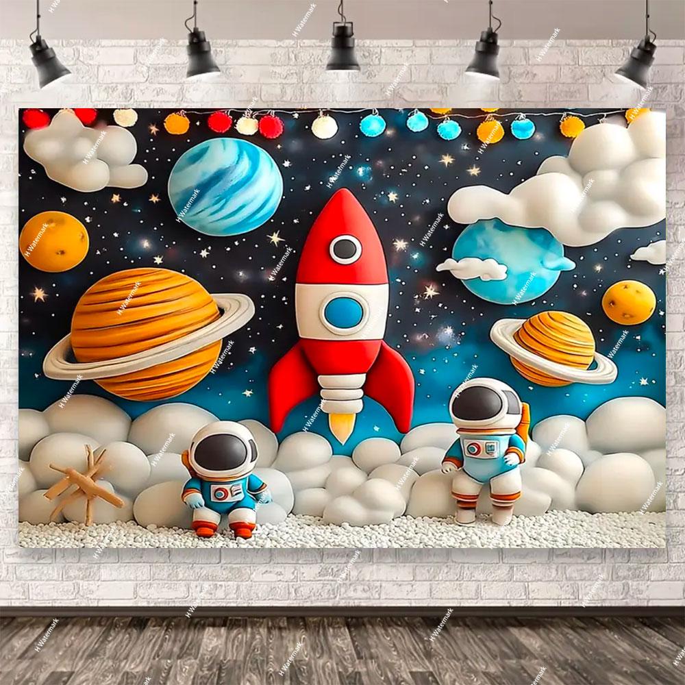 Space Astronaut Birthday Party Background Banner Custom Decoration Rocket Theme Photography Boy Birthday Gift Photo Studio Prop