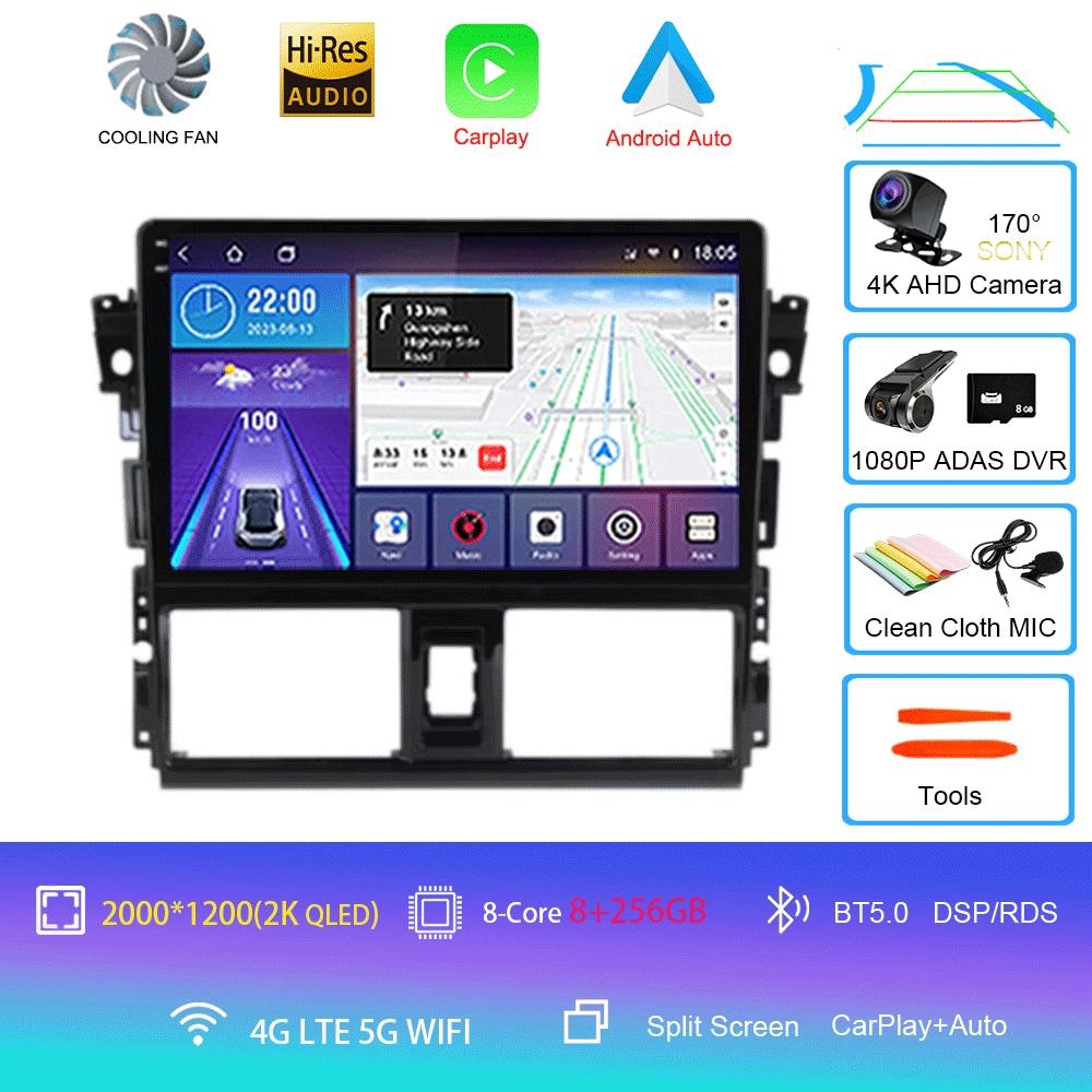 Для Toyota Vios Yaris 2013 2014 2015 2016 Автомагнитола Android 14 Carplay Auto Мультимедийный Видеоплеер GPS Навигация 2din Стерео