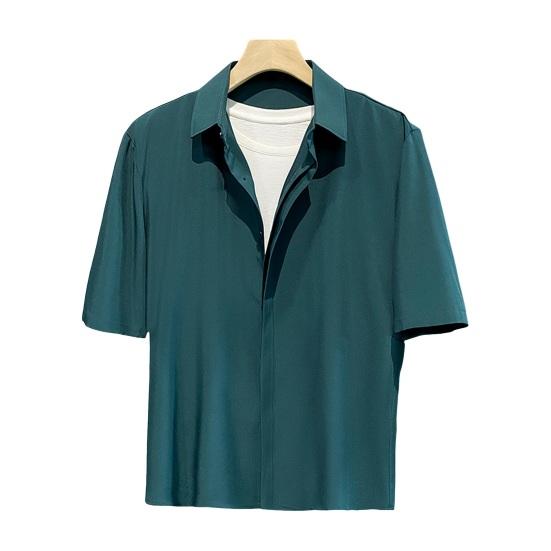 Мужская летняя рубашка с отложным воротником из ледяного шелка со скрытыми пуговицами, однобортный однобортный кардиган свободного кроя, повседневный офисный топ средней длины с короткими рукавами