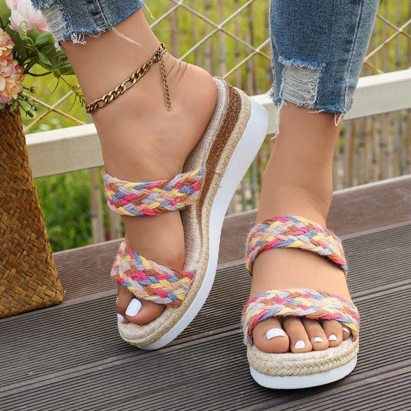 Модные богемные красочные плетеные сандалии-слипоны женские летние с круглым носком на танкетке и высоком каблуке, обувь с дезодорирующей тканевой стелькой