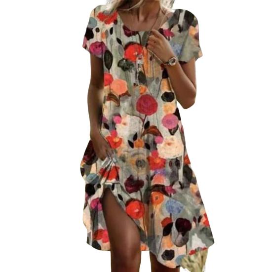 Женское летнее платье с цветочным принтом, повседневное платье миди с коротким рукавом и круглым вырезом, свободное платье-сарафан в стиле бохо для пляжного отдыха