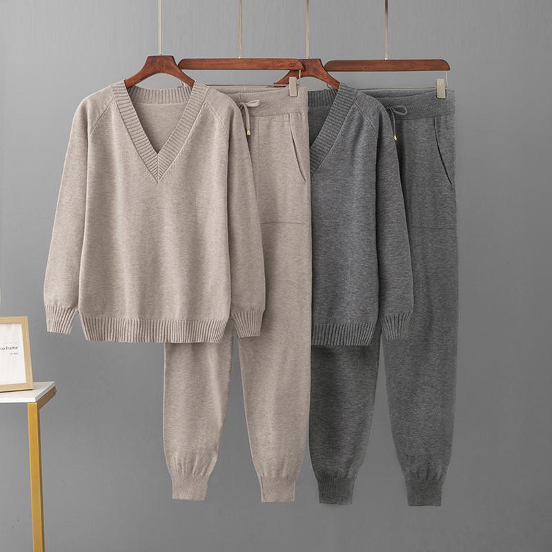 Autumn Winter Two Piece Women Knit Weater Pullover Sport Suits V-Neck Women Sweater Drawstring Harem Pants Jogging Pants Sweater Set Knitted Outwear