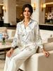 White Floral Butterfly Print Satin Button Up Shirt for Women Casual Elegant Long Sleeve Blouse