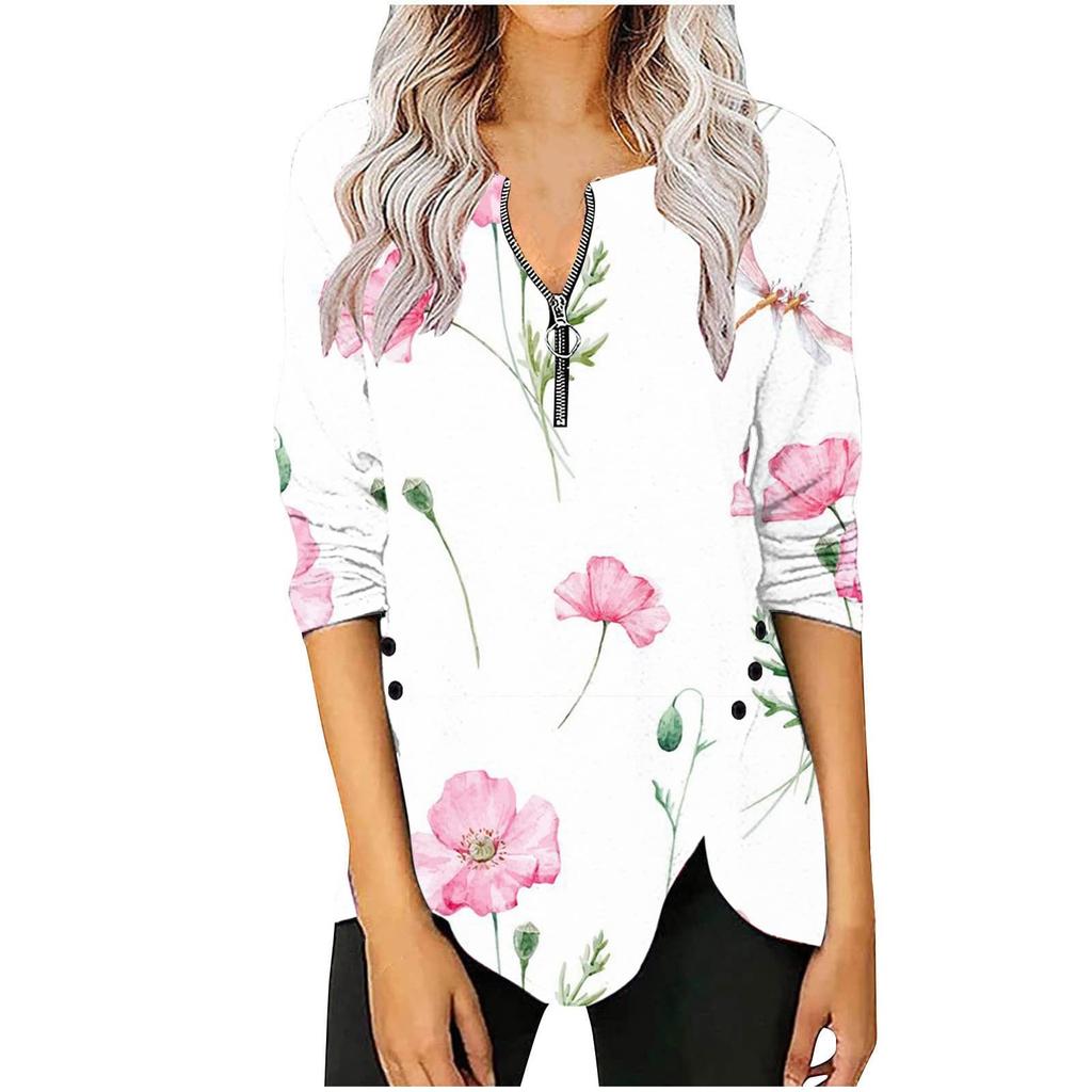 Women's Fashion Casual Long Sleeve Print Round Neck Pullover Top Blouse