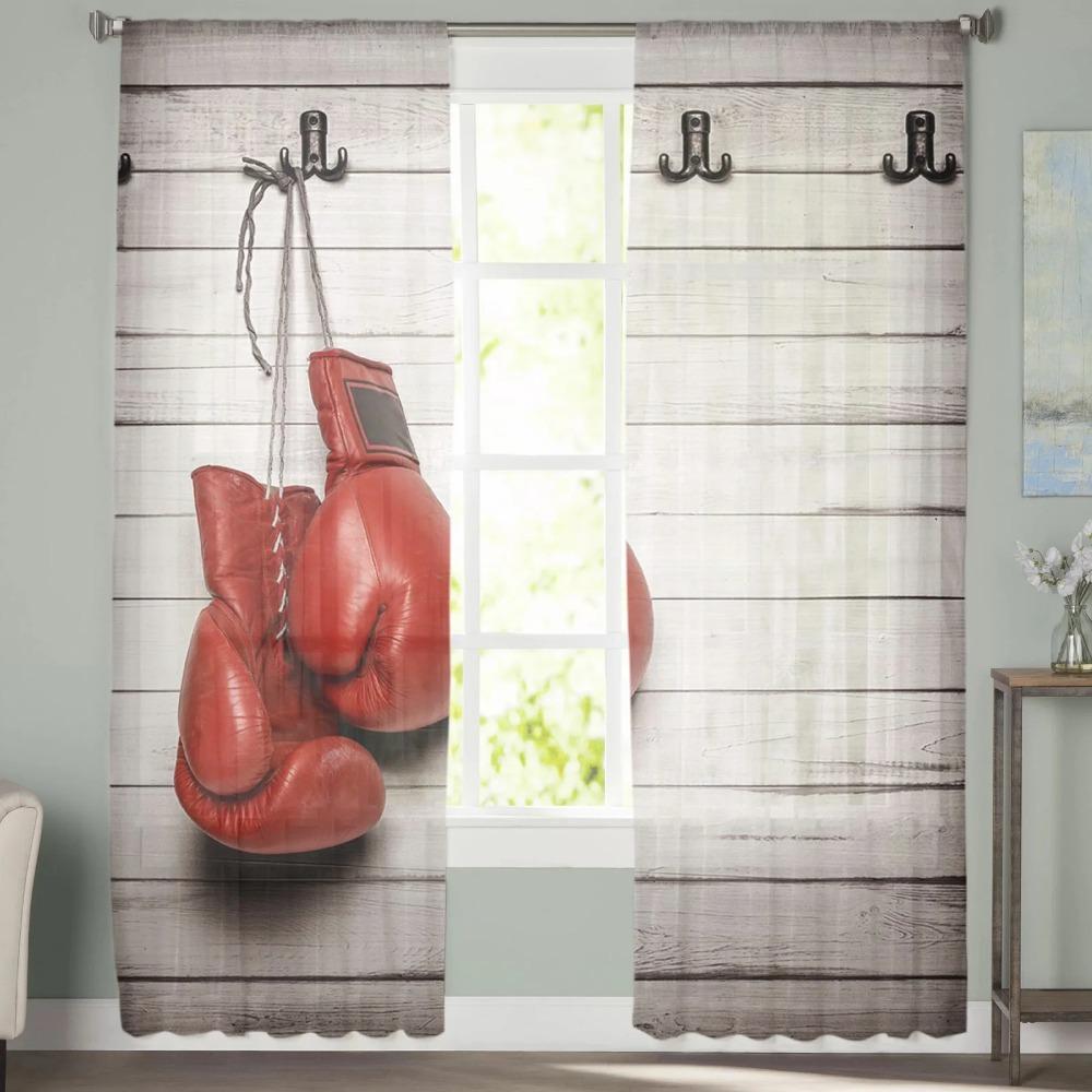 Red Boxing Gloves Against Wooden Wall Tulle Curtains ideal for Living Room Bedroom Space Space Decor Transparent Sheer Voile Window Opening Drape