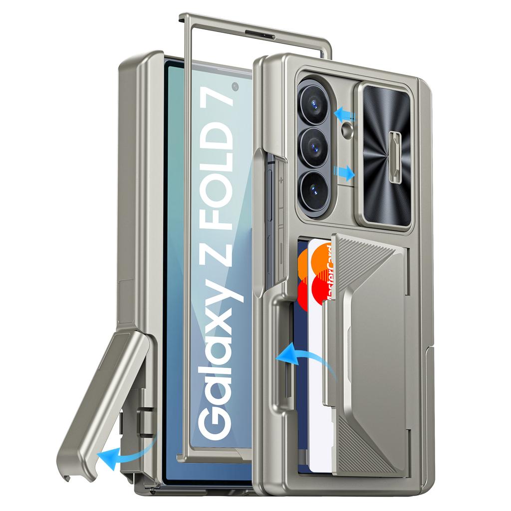 Для Samsung Galaxy Z Fold 7 С держателем для карт, Блокировка RFID, Встроенная сдвижная крышка для объектива и Защита шарнира и Подставка и Защитная пленка для экрана, Чехол-кошелек-Золотой