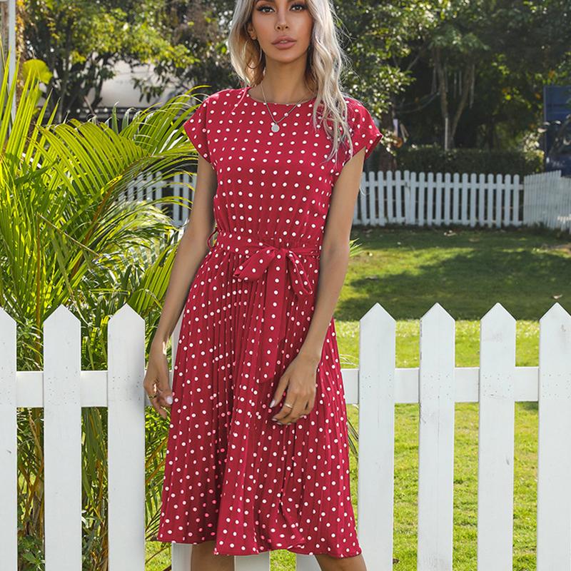 Women's Summer Mid -long Skirt Short -sleeved Lace -up Rolle Dot Fold Dress