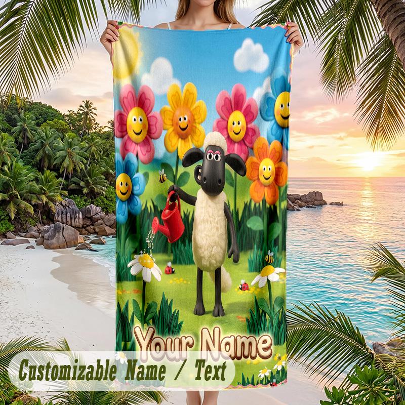 Shaun the Sheep Beach Towel, Personalized Custom Text, Quick Dry Soft Large Towel For Swimming Pool Travel
