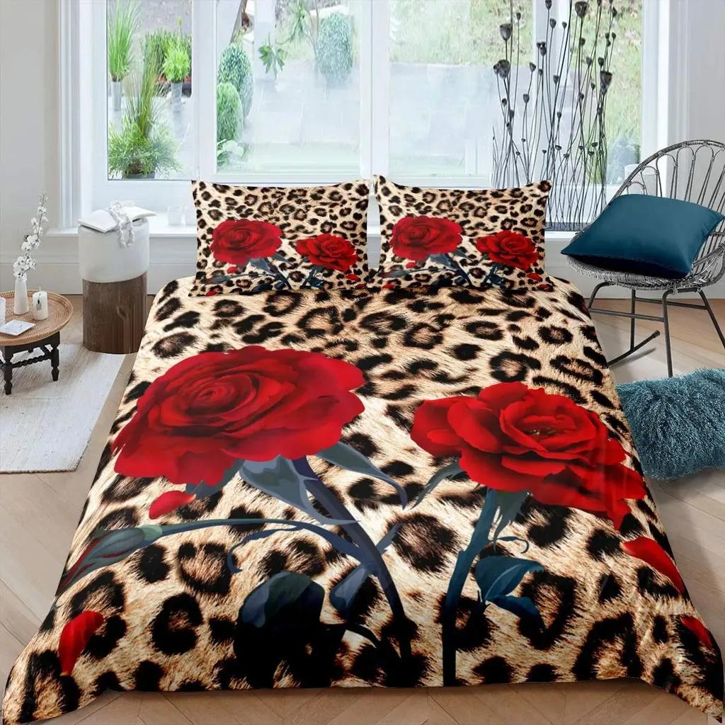 Leopard Print Duvet Cover Set Queen Cheetah Bedding Sets Geometric Comforter Cover African Safari Animal Quilt Cover Room Decor