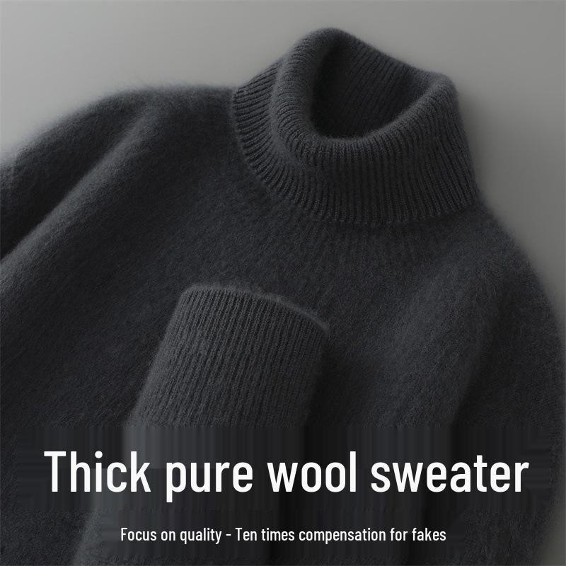 Men's High-Neck 100% Pure Wool Sweater: Thick Long-Sleeve Pullover for Autumn/Winter, Loose Fit Knitted Base Layer.