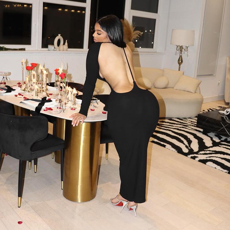 Женское летнее однотонное платье с длинными рукавами, сексуальное, с открытой спиной, облегающее, с запахом, длинное платье на бедрах