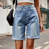 Летние женские джинсовые шорты со средней талией, длиной до колена, эластичные, повседневные, широкие, прямые, потертые, с манжетами, короткие джинсы с карманами