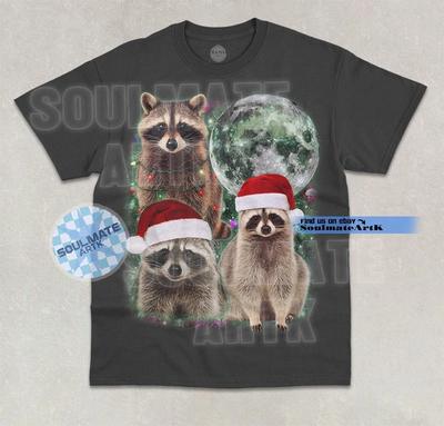 Three Raccoons Christmas T- Shirt Xmas Moon Feral Animal Graphic Unisex Shirt
