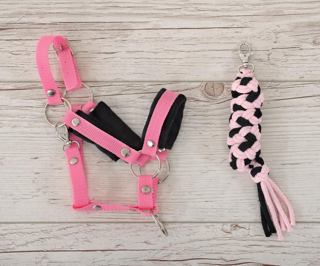 Hobby Horse Set: A3 Halter with Black Fur + Rope Lead - Black and Pink