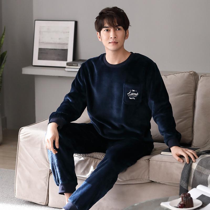 Фланелевая пижама мужская осенне-зимняя пуловер для тепла зимний флис утолщенный коралловый флис мужской комплект для дома