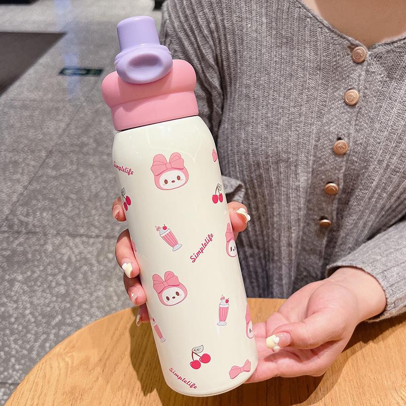 Stainless steel double drink children's thermos cup portable straw cup cute student water cup