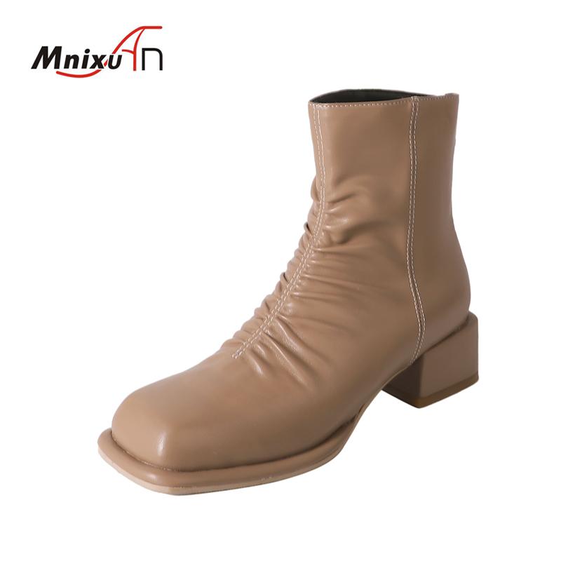 French Style Concise Pleated Ankle Boots Women Square Toe 4cm Block Middle Heels Back Zipper Casual Short Booties Female Shoes