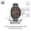 Mens Chronograph Wrist Watch Large Tonneau Case Steel Metal Calendar Waterproof Business Wristwatch for Male