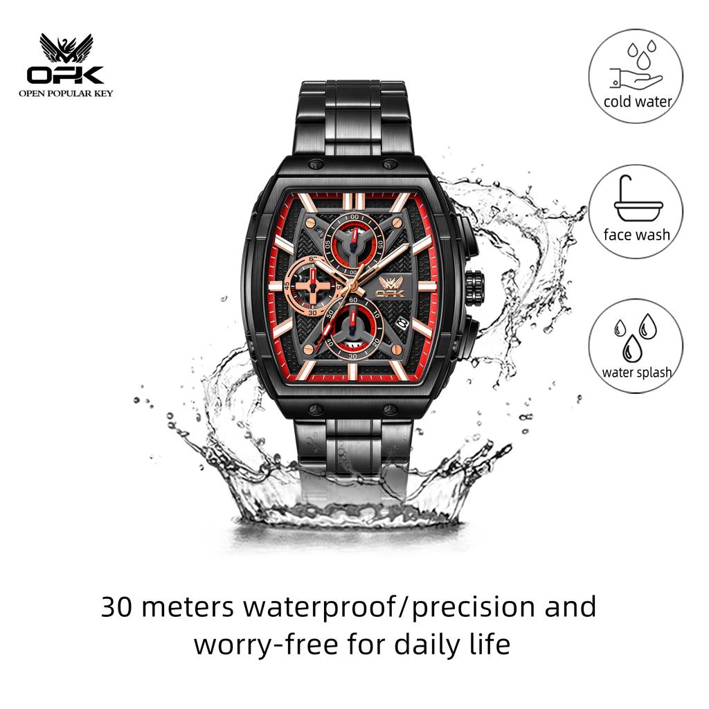 Mens Chronograph Wrist Watch Large Tonneau Case Steel Metal Calendar Waterproof Business Wristwatch for Male