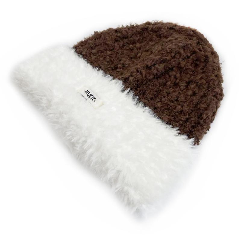 Cat Brother Korean Style Knit Hat: Color Block Plush, Warm Wool, Women's Large Head Circumference