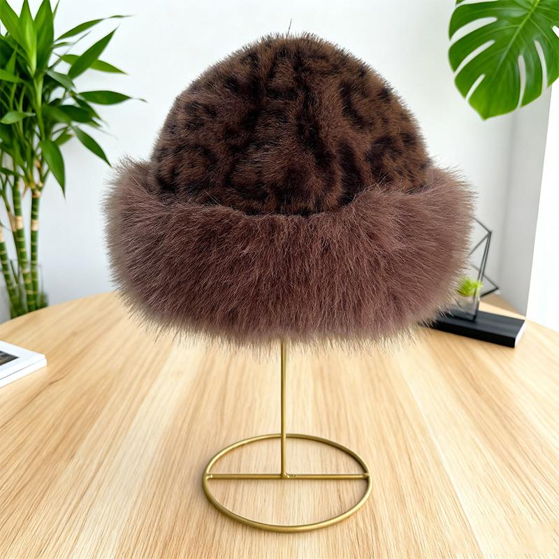 Leopard print hat warm plush autumn and winter Mongolian hat retro thickened cold-proof face small ear protection bucket hat