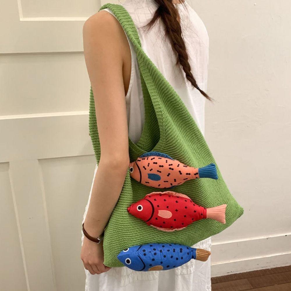 Leisure Summer Weave Knitted Bag Cotton Ethnic Style Hollow Out Knitted Bag Large Capacity Fashion Fish Shoulder Bag Women