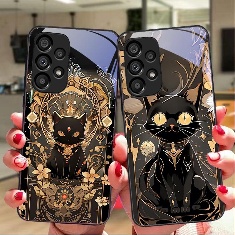 Черный Золотой Кот Для Samsung Galaxy S10 S20 Plus S21 FE S22 S23 S24 FE S25 Ultra Черный Чехол для телефона из закаленного стекла Твердая оболочка