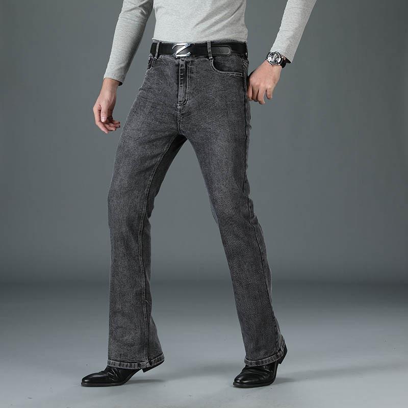 Men's Middle Waist Elastic Gray Loose Flared Denim Trousers Men's Large Size Flared Pants