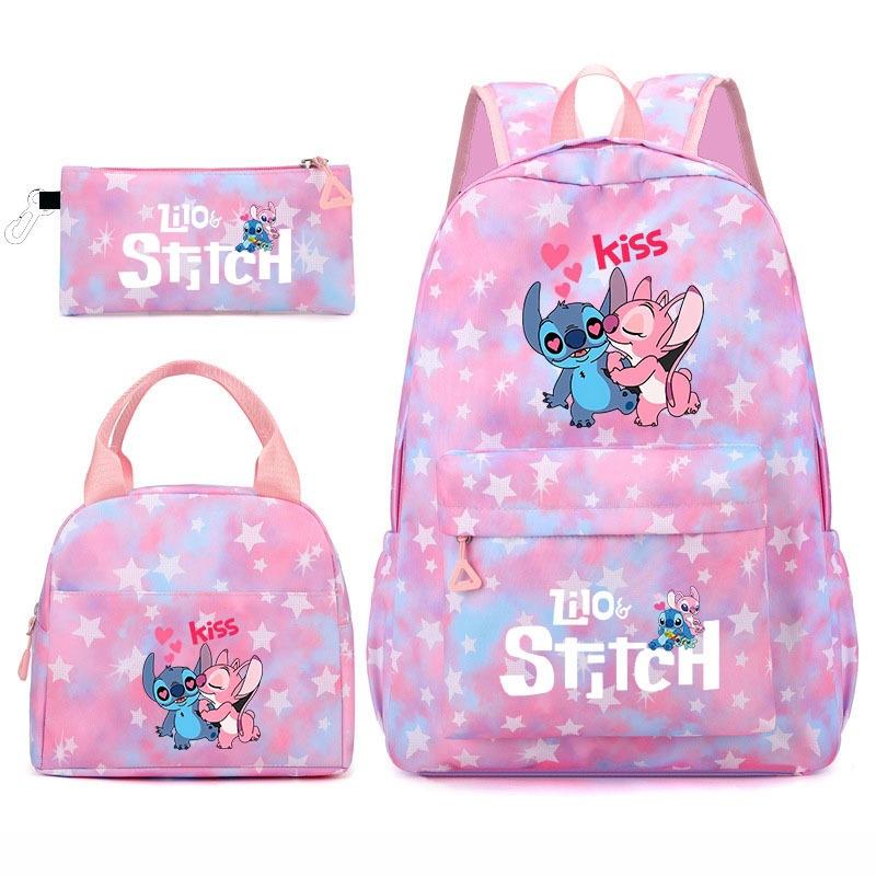 Stitch Student 3-Piece Backpack Set Large Capacity Double Shoulder Bag Cute Cartoon Unisex Durable Waterproof